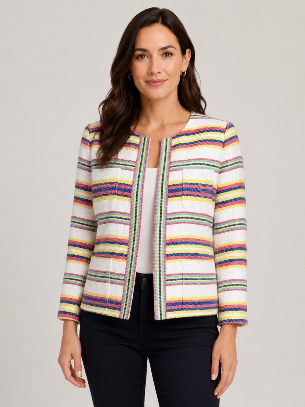 Talbots Petite MultiColor Stripe Tweed Open Front Jacket Blazer 4P Preppy Office